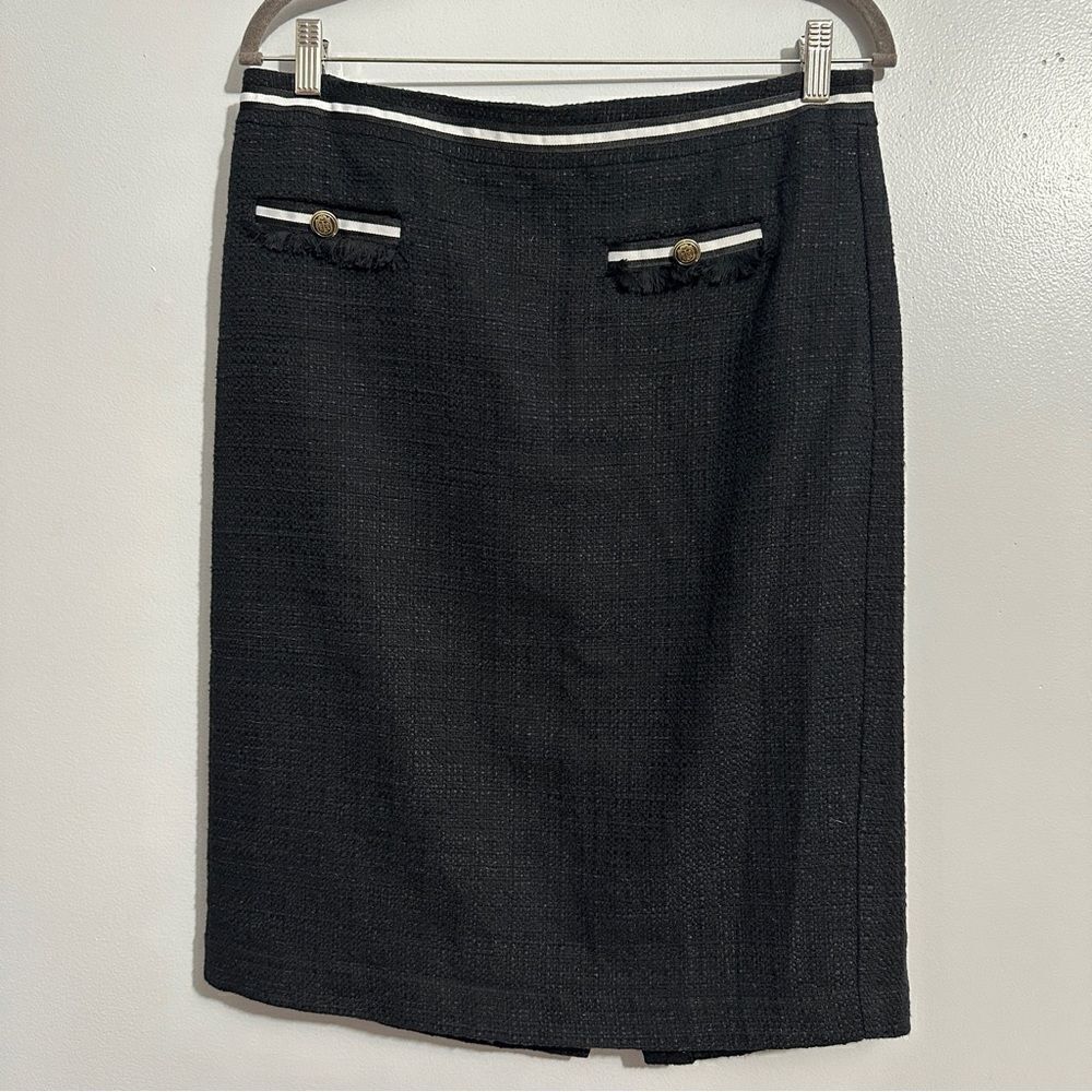 Talbots Black Pencil Skirt Unique Front Buttons Slit In Back size 10